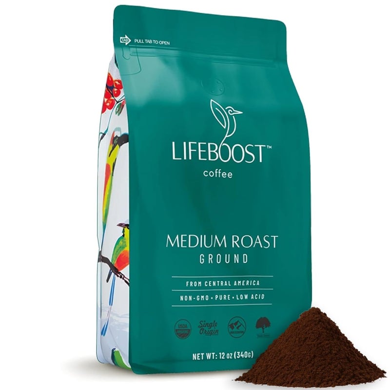 Lifeboost Coffee Ground Medium Roast Coffee - Low Acid Single Origin USDA Organic Coffee - Non-GMO Ground Coffee Third Party Tested For Mycotoxins & Pesticides - 12 Ounces - Image 1